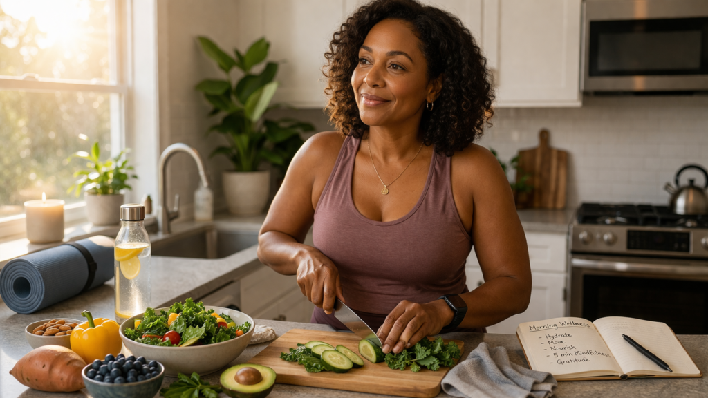 adult over 40 doing strength training preparing healthy food