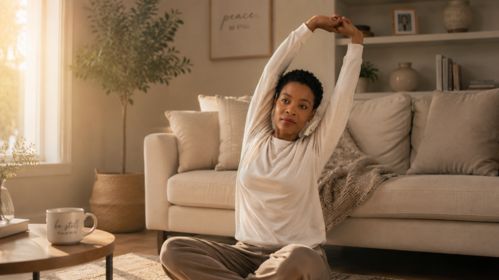 Patrcia exercising and stretching