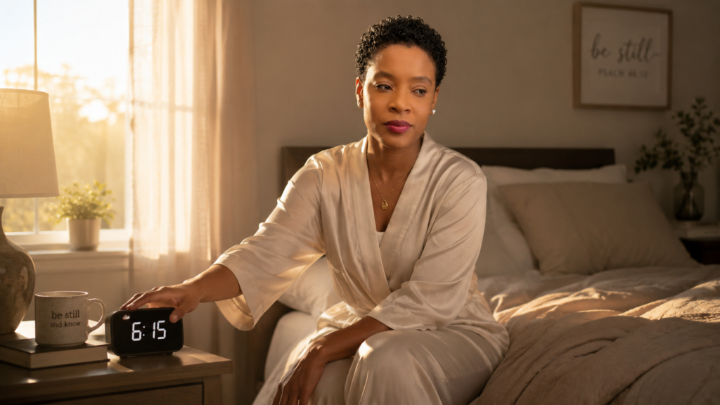 Patricia sitting on bed