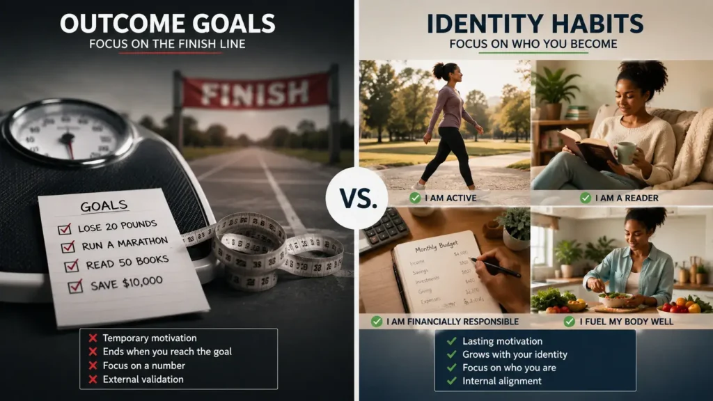 A split screen visual showing outcome goals and identityhabbits