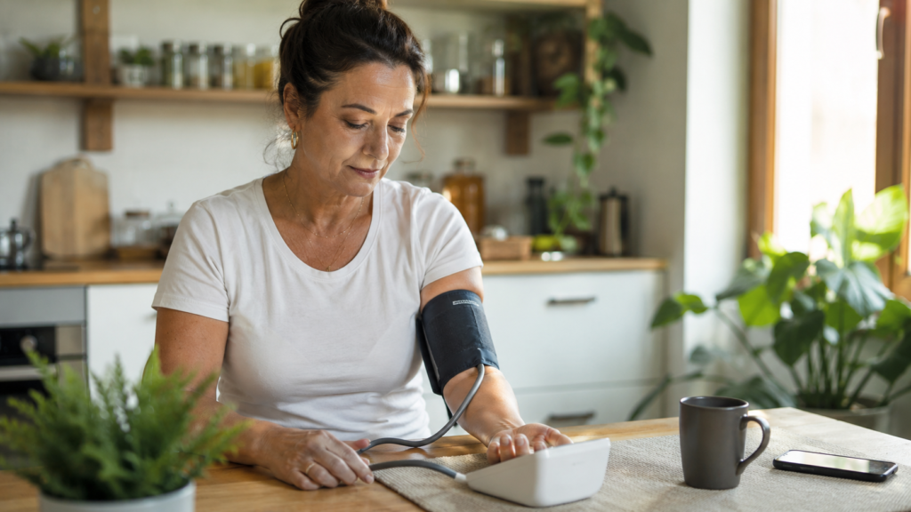 checking her blood pressure at home