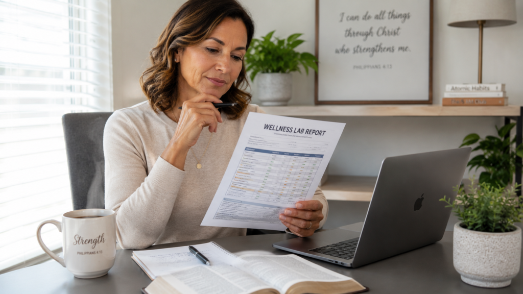 woman in her 40s reviewing wellness lab results