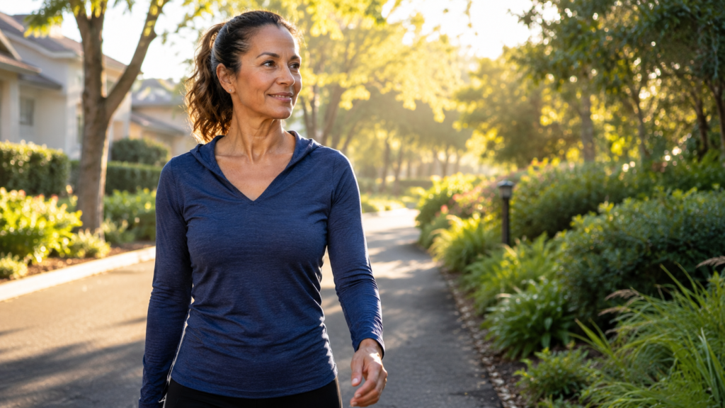 woman in her 40s walking