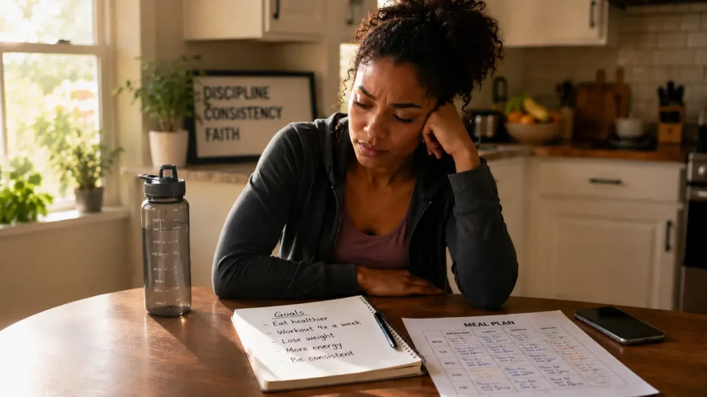 woman sitting at a kitchen table with a notebook